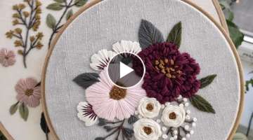 Pink and Burgundy peonies. Hand embroidery for beginners